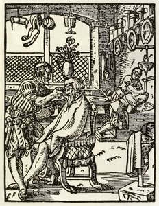 描述职业和行业的系列中的理发师首次在德国法兰克福的DasStändebuch1568发表