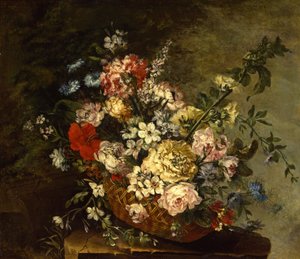 与花的静物画在篮子，c.1780-1790