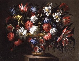 郁金香、水仙花和其他花篮的静物画