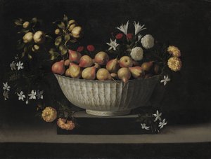 中国碗中的花和水果，约1645年。 作者 Juan de Zurbaran