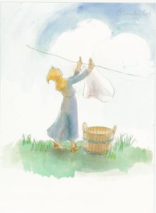 一个中世纪的女孩在挂衣服，2004年。