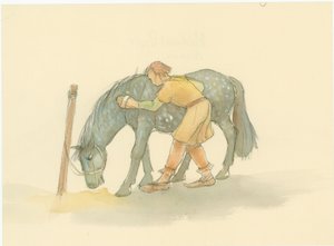 一个中世纪的马夫在刷马，2004年。