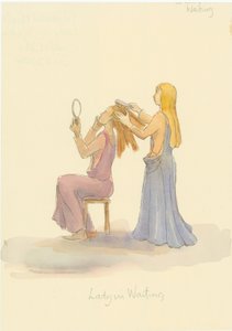 一位中世纪的女侍者，为一位女士梳理头发，2004年。 作者 朱迪思·多比