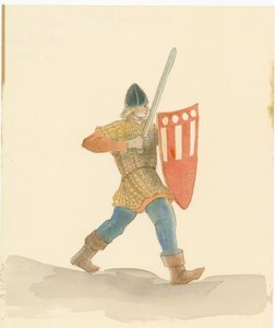 一个中世纪的士兵右手拿着长剑，左手拿着盾牌，2004年。