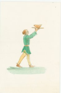 一个中世纪的服务员，端着一盘食物，2004年。