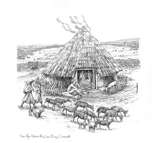铁器时代圆屋外的农民和一群山羊，约1990-2010年 作者 朱迪思·多比