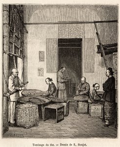 The screening of the gunpowder, to sort by sieves the granules according to their size and quality before the last drying that gives them their perfume, in a gunpowder factory in Fati Bay (Canton Province), engraving after a drawing by J. Ferat illustratin 作者 儒勒（之后）费拉特