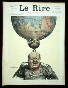 世界是如何戴上头盔的》，1915年2月6日《红灯报》的封面（彩色平印）。 作者 朱尔斯·亚伯·费弗尔