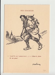 明信片，讽刺性的N＆B，约1915年。我们的猎人--14-18年的战争，摄影，亲子关系，头骨的果酱--士兵，阿尔卑斯山猎人 插图：Abel Faivre（1867-1945）。 作者 朱尔斯·亚伯·费弗尔