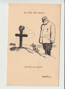 明信片，Satirique en N & B，约1915年。亡灵节--14-18战争，哀悼 Obseques Funerailles - Joffre, 士兵 插图：Abel Faivre (1867-1945) 作者 朱尔斯·亚伯·费弗尔