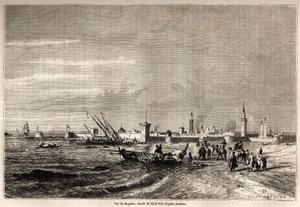 索维拉（原摩加多尔）的景色，由朱尔斯-诺埃尔（1810-1881）绘制，用于说明F.施克勒先生1860年的摩洛哥之旅。雕刻在 "世界之旅，新的旅行杂志 "巴黎。