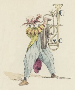 小丑演奏一种不寻常的乐器（彩色石版画）