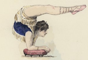 女体操运动员做肘部站立（彩色石版画）