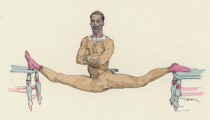 男体操运动员做劈叉（彩色石版画）
