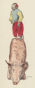 猴子骑猪（彩色平版印刷）。