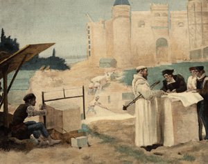 修道士让，Seuille 修道院的修道士，监督 Theleme 修道院的建设。朱尔斯-加尼埃的插图。载于 "拉伯雷与儒勒-加尼埃作品集"。 作者 朱尔斯·阿森·加尼尔