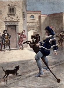 Gargantua 在街上骑着一匹木马。加尔涅插图。载于 "拉伯雷与儒勒-加尼埃作品集"。