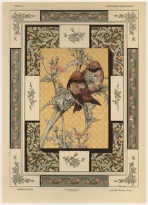 鸟类，来自“装饰幻想”的35块，由Gillot雕刻，由Jules Rouam出版，巴黎Librairie de l&39;Art，1887年（彩色雕刻）