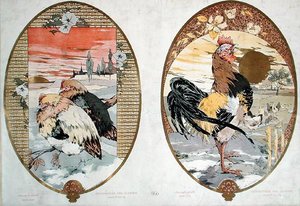 公鸡和小鸡，屏幕设计，约1900年（彩色平版印刷）。 作者 朱尔斯·奥古斯特·哈伯特·戴斯