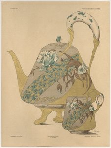 茶壶和杯子，来自&39;Fantaisies装饰品&39;的33号板，由Gillot雕刻，由Jules Rouam出版，巴黎Librairie de l&39;Art，1887年（彩色雕刻）