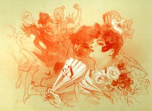 At the ball - drawing (sanguine) by Jules Cheret (1836 - 1932) - young women and dancers - dance - private collection - 作者 朱尔斯·切雷特（Jules Cheret）