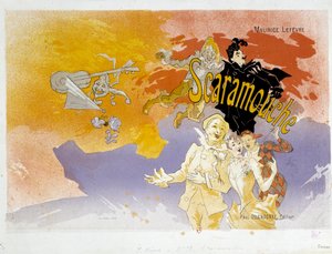 莫里斯-勒费弗尔的《Scaramouche》书籍封面。Jules Cheret (1836-1932)的插图 1891年 巴黎，B.N. 作者 朱尔斯·切雷特（Jules Cheret）