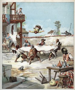 在旅馆里，桑丘-潘沙被人殴打，他叫他主人的唐吉诃德来帮助他--在旅馆里，des gaillards用一条毯子使桑丘-潘沙伏地不起，桑丘叫来帮助他的主人唐吉诃德--Jules David（1808-1892）的插图来自Histoir。 作者 朱尔斯·大卫