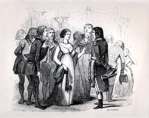 德斯塔尔夫人（1766-1817）质疑拿破仑·波拿巴（1769-1821）关于最佳女性的故事，来自埃米尔·马克·德圣伊莱尔的“拿破仑”，由巴黎伯纳德雕刻，1843年