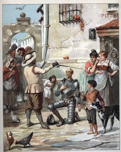 在一家旅馆外，唐吉诃德成为骑士--朱尔斯-大卫（1808-1892）的插图，出自《唐吉诃德传》--1887年--作者米格尔-德-塞万提斯-萨维德拉（1547-1616）--。