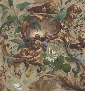 以贝壳、睡莲和香蒲为主题的墙纸设计，1830-97年。创作人：朱尔-埃德蒙德-查尔斯-拉夏兹，欧仁-皮埃尔-古尔代。 作者 Jules Edmond Charles Lachaise 和 Eugene Pierre Gourdet