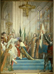 查理七世国王 (1403-1461) 于 1429 年 7 月 17 日在兰斯大教堂在圣女贞德 (1412-1431) 的见证下获得了皇冠，朱尔斯·尤金 Lenepveu (1819-1898) 的画作。 万神殿，巴黎。