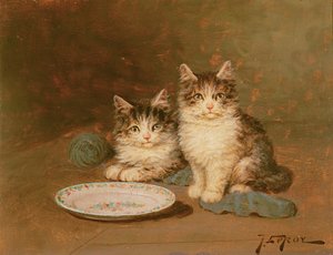 两只小猫和一个空碗（面板油画）