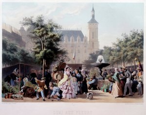 巴黎的Quai aux Fleurs景观 在Ile de la Cite上散步。Jules Marie Desandre (1845-?)的石版画 19世纪 巴黎，卡纳瓦莱博物馆 作者 朱尔斯·玛丽·迪桑德雷
