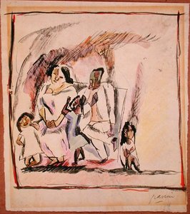母亲、父亲和三个孩子（纸上水彩画） 作者 朱尔斯·帕辛