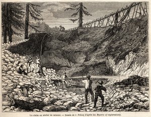 加利福尼亚的一个采矿权或车间，由 Jules Pelcoq 绘制，用来说明男爵在 1850-1852 年到加利福尼亚旅行的故事。 雕刻在“”Le tour du monde, nouveau journal des voyages””巴黎