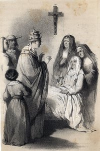 《欧洲杰出女性》中阿西西圣克莱尔（Chiara）（c.1192-1253）的代表，他是克莱尔宗教团体的创始人。 德罗霍乔斯卡伯爵夫人，娘家姓拉特雷什的西蒙。 朱尔斯·大卫和劳恩海姆的杰出绘画作品。 约1850年