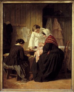 三个女人在缝纫。儒勒-特雷耶（1824 - 1909）的画作。