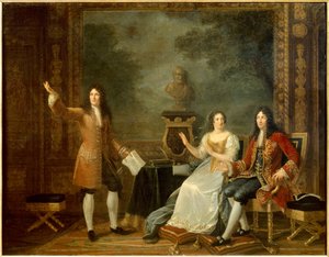 让·拉辛（Jean Racine，1639-1699 年）在路易十四（1638-1715 年）和曼特农侯爵夫人弗朗索瓦·德奥比涅（Francoise d’Aubigne，1635-1719 年）面前朗读《阿塔莉亚》。 朱莉·菲利普 (1780-1834) 的绘画 作者 Julie Philipault