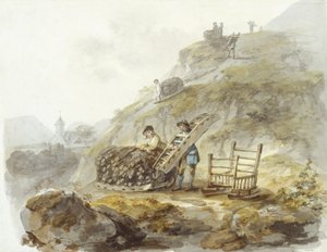 从 Mallwyd 附近的山上获取泥炭的方法，约 1792 年（纸上水彩、墨水和铅笔） 作者 朱利叶斯·凯撒·伊贝森