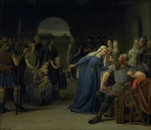 丹麦女王蒂拉-丹伯德（Thyra Danebod）试图软化其丈夫戈尔姆（Gorm the Old）对一些基督教俘虏的心。
