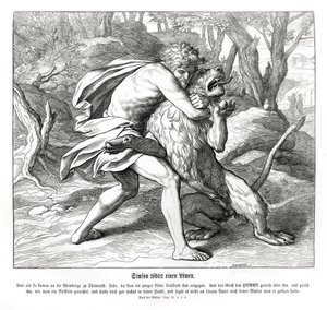 参孙杀死狮子，士师记 作者 朱利叶斯·施诺尔·冯·卡洛斯菲尔德