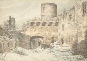 废墟中的中世纪城堡院子的冬景，1832年。 作者 朱利叶斯·冯·莱波德