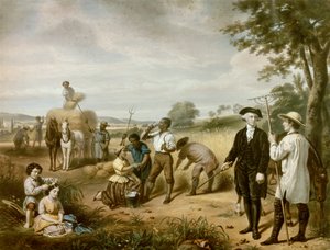 农民华盛顿：乔治华盛顿（1732-1799）在弗农山的田地里，他在弗吉尼亚州费尔法克斯伯爵的种植园。 左下角代表她的两个继子女，约翰和玛莎·帕克·卡斯蒂斯。 光刻
