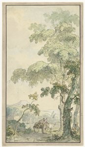 带有景观和推车的房间壁纸设计 作者 Isaac de Moucheron（拒绝归属）