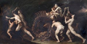 La Carcasse: 一个女巫被画在怪物的骨架上》，17世纪 作者 朱塞佩·德·里贝拉