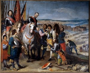 三十年战争（1618-1648）。 荷兰总督将钥匙交给了巴尔巴斯侯爵安布罗西奥·德·斯皮诺拉 (Ambrosio de Spinola)（1569-1630 年），他于 1622 年夺取了朱利叶斯。 朱塞佩·莱昂纳多（Jusepe Leonardo）（1601-1656 年）的绘画 作者 朱塞佩（Jusepe）或荷西（Jose）（c.1605 1656）莱昂纳多（Leonardo）
