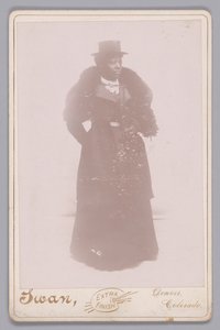 一个戴着高帽和毛皮围巾的身份不明的女人的内阁卡，约1895年。 作者 Justus C. Swan