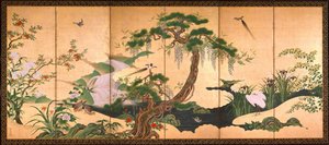 春夏花鸟 - 卡诺埃诺 (1631-1697) - 十七世纪下半叶。 - 纸本水彩和水墨 - 153x361 - 三得利艺术博物馆 作者 鹿野英野