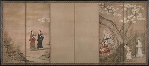 箭竹花下的欢乐。一对六段式折叠屏风的右侧，18世纪 作者 鹿野伊势宁长信
