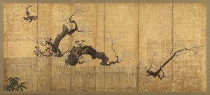 花园景观中的梅花和茶花，江户时期，16世纪末至17世纪初。 作者 卡诺锦鲤